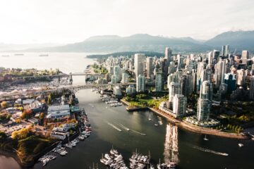 aerial shot of big city with tall buildings