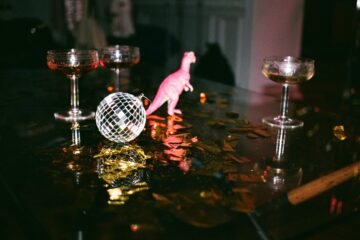 round gray mirror ball beside dinosaur toy